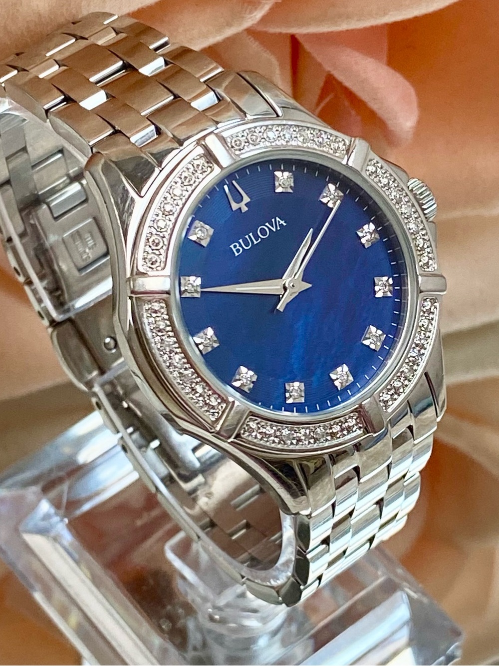 Bulova Diamond Accented Bezel & Dial Blue Mother of Pearl Dial Stainless Watch - Picture 2 of 16